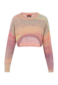 Horgolt crop pulóver, pasztell árnyalatokban színes gradient mintával. Kerek nyakkivágás, hosszú ujjak, és texturált anyag, puha felülettel.
