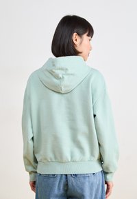 Sweat-shirt à capuche vert menthe avec une coupe décontractée, des poignets et un ourlet côtelés, et une texture lisse. Le dos présente un détail de couture centré.