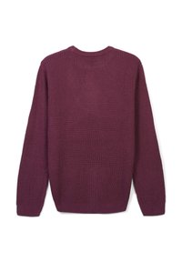 Langärmliger, Rundhals-Strickpullover in tiefem Lila mit strukturiertem Waffelstrickmuster, von hinten gezeigt.