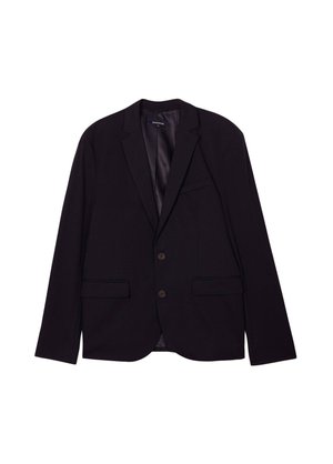Schwarzer Blazer mit zwei vorderen Taschen und einer Brusttasche, einreihigerverschluss und zwei braunen Knöpfen. Glattes, strukturiertes Gewebe.