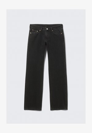 Čierne džínsové nohavice so strihom rovného nohu, s mosadznými doplnkami, piatimi vreckami a klasickým pásom.