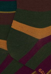 Multicolored striped socks featuring green, burgundy, and yellow bands with a soft knit texture, showcasing a reinforced toe and heel.