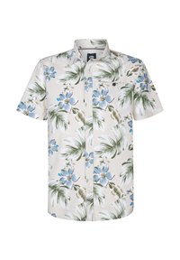 Camisa de manga corta abotonada en tejido color crema claro con patrones de flores azules y hojas de palma verdes. Un único bolsillo en el pecho con un botón.