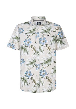 Camicetta a maniche corte, con bottoni, in un leggero tessuto crema chiaro con motivi floreali blu e foglie di palma verdi. Taschino singolo sul petto con bottone.