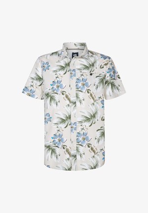 Korte mouw, knoopsluiting overhemd in licht crèmekleurige stof met blauwe bloem- en groene palmbladerpatronen. Enkele borstzak met een knoop.