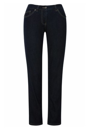 Dunkelblaue Jeans mit geradem Bein, mit kontrastierenden Nähten, vier Taschen und einem Knopfverschluss an der Taille.