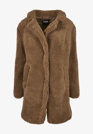 Rjava umetna krzna bunda z teksturirano, puhasto površino, odprtim sprednjim delom in stranskimi žepi. Ima ovratnik in sproščen kroj.