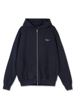 Navy zip-up hoodie with a hood, lined pockets, ribbed cuffs, and hem. Features a small white logo on the chest. Soft, cotton blend material.