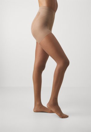 Sheer nude tights with a smooth texture, high waistband, and a fitted design extending to mid-thigh. Transparent with a subtle sheen.