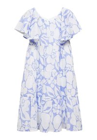 Vit och ljusblå blommig knälång klänning med korta volangärmar och flerlagrade kjoldelar.