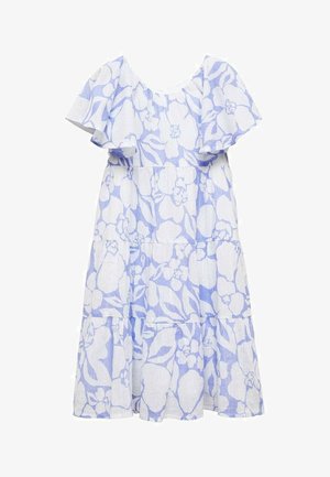 Bíl dress s květinovým vzorem v světle modré barvě, s délkou po kolena, krátkými volánovými rukávy a patrovými sukněmi.