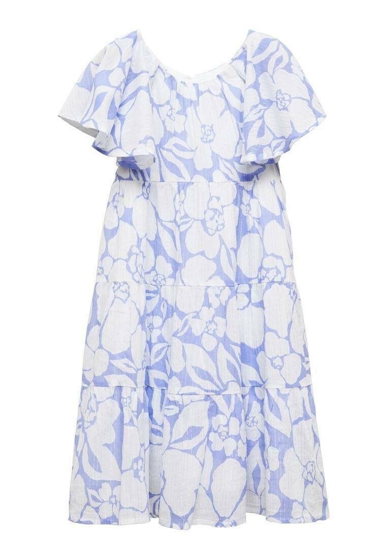 Vit och ljusblå blommig knälång klänning med korta volangärmar och flerlagrade kjoldelar.