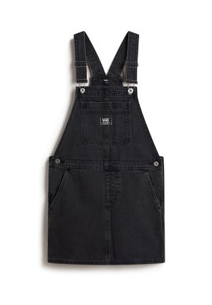 Czarna sukienka ogrodniczka z denimu z regulowanymi ramiączkami, przednią kieszenią na piersi z logo Vans i kieszeniami bocznymi.