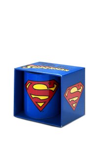 Blue ceramic mug featuring a large red and yellow Superman logo, packaged in a blue cardboard box with similar design elements.