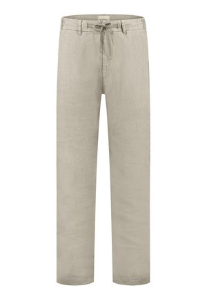 Bézs színű vászonnadrág húzózsinórral és övbemélyedésekkel, egyenes szabású, elülső cipzáras záródással.