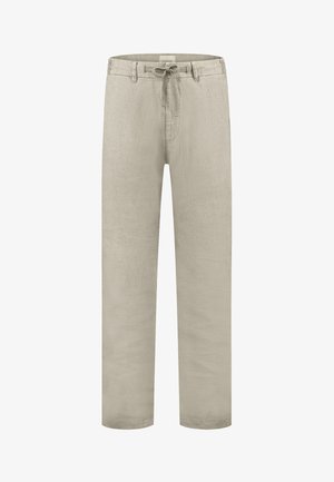 Bézs színű vászonnadrág húzózsinórral és övbemélyedésekkel, egyenes szabású, elülső cipzáras záródással.