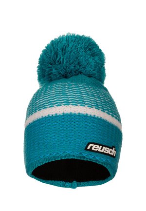 Blue knitted beanie featuring a white horizontal stripe, topped with a fluffy pom-pom. Black interior lining and a logo tag on the side.