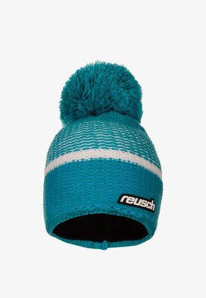 Blaue gestrickte Mütze mit einem weißen horizontalen Streifen, gekrönt mit einem flauschigen Pompon. Schwarze Innenauskleidung und ein Logotag an der Seite.