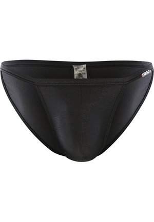 Short de bain noir en matière texturée. Présente un design à taille basse avec une ceinture lisse et des détails de motif subtils.