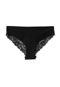 Zwarte onderbroek met een gladde stof en kant aan de randen, voorzien van een golvende rand langs de tailleband en de openings van de benen.