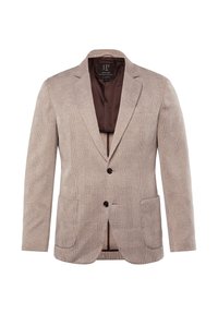 Lösvit mönstrad kavaj med rutmönster, två framfickor och brunt foder. Har två knappar och notched lapels.