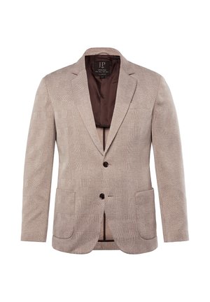 Lösvit mönstrad kavaj med rutmönster, två framfickor och brunt foder. Har två knappar och notched lapels.