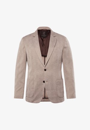 Hellbraun gemusterter Blazer mit karriertem Design, zwei vorderen Taschen und brauner Innenverkleidung. Verfügt über zwei Knöpfe und aufgesetzte Revers.