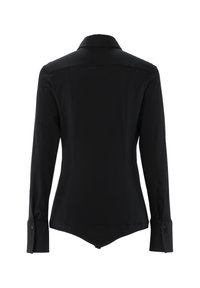 Black long-sleeve bodysuit with a collar, smooth fabric, fitted design, and buttoned cuffs. Features a snap closure at the bottom.