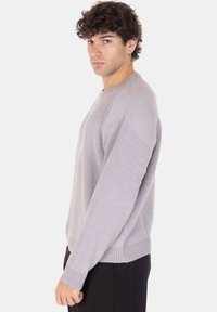 Maglione grigio chiaro con scollo rotondo, polsini e orlo a coste. Realizzato in materiale morbido con finitura testurizzata e vestibilità rilassata.