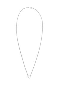 Silberne Kettenhalskette mit einem zarten Palmblatt-Anhänger. Die Kette hat eine geflochtene Textur und einen Karabinerverschluss.