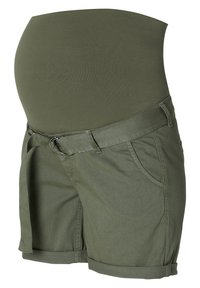 Pantaloni corti da maternità verde oliva con una fascia alta e elastica in vita, risvolti e tasche frontali. Realizzati in tessuto traspirante.