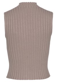 Mouwloze ribgebreide sweater in lichtbruin, met een hoge halslijn en een aansluitende pasvorm met uniforme verticale lijnen en een gestructureerde afwerking.