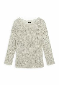 Lichtgrijze gebreide trui met een losse structuur, brede halslijn en lange mouwen. Heeft een getextureerd oppervlak en verlaagde schoudernaden.