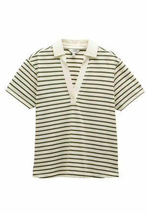 Kurzärmliges Poloshirt mit V-Ausschnitt, mit grünen und weißen horizontalen Streifen, aus weichem Stoff mit kontrastierenden Kragendetails.