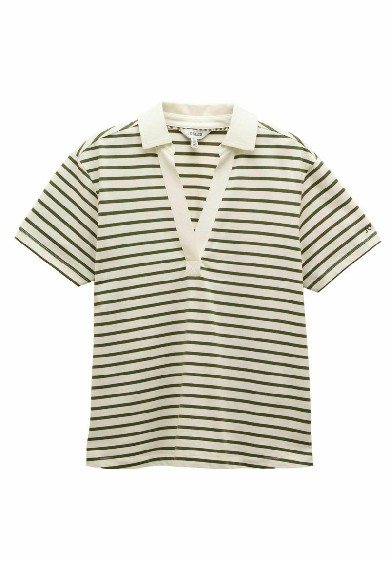 Lühikeste varrukatega polo, millel on V-kaelus, roheline-valgete horisontaalsete triipudega, pehmest kangast, kontrastse krae detailiga.