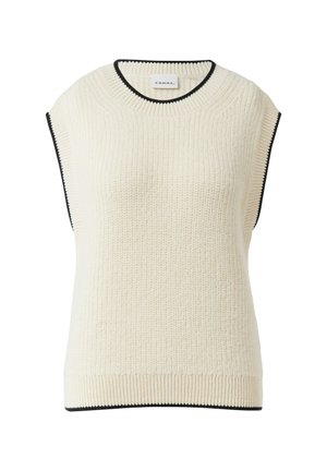 Ärmelloser Strickpullover in Creme mit strukturierter Oberfläche, geripptem Saum sowie kontrastierendem schwarzen Ausschnitt und seitlichen Details.