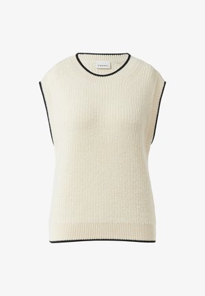 Dzianinowy bezrękawnik w kremowym kolorze o fakturowanej tkaninie, z prążkowanym dołem oraz kontrastującą czarną lamówką przy dekolcie i detalami po bokach.