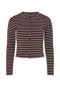 Brun och vit randig långärmad cardigan, kortad design, knappstängning framtill, med rundad hals och ribbad textur.