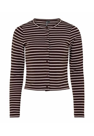 Brun og hvit stripete langermet cardigan, kroppet design, knappfront, med rund hals og ribbestrikket tekstur.