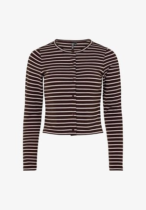 Brun og hvit stripete langermet cardigan, kroppet design, knappfront, med rund hals og ribbestrikket tekstur.