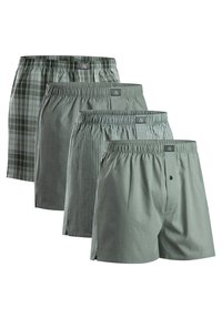 Vier Paare Herren-Boxershorts in Grüntönen. Die Muster umfassen Karos, Streifen und einfarbig. Mit elastischem Bund und einer Knopfleiste.