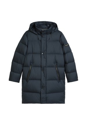 Marineblauer Steppmantel mit Kapuze, mit einem gesteppte Design, zwei seitlichen Reißverschlusstaschen und Druckknopfverschluss. Weiches, isolierendes Material.