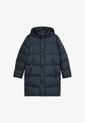 Granatowa pikowana kurtka puchowa z kapturem, z przeszyciami, dwoma bocznymi kieszeniami na zamek oraz zapięciem na zatrzaski. Miękki, ocieplany materiał.