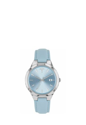 Silver round wristwatch with light blue dial and leather strap, silver hour markers, and a date display showing the 8th.