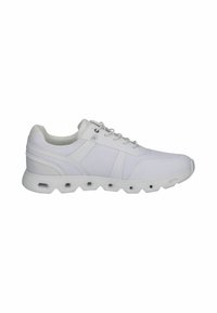 White athletic shoes featuring a mesh upper, textured accents, rubber sole with hexagonal cutouts, and traditional lace closure.
