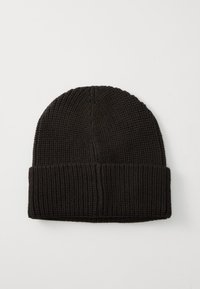 Black knit beanie with a textured ribbed pattern, featuring a folded cuff at the base and smooth seam at the top.
