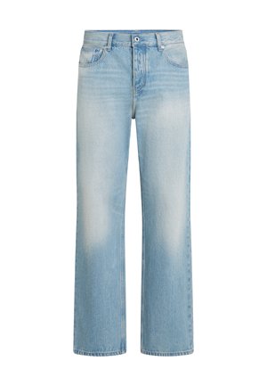 Light blue denim jeans with a straight leg design, fading details, five-pocket styling, button closure, and belt loops at the waistband.