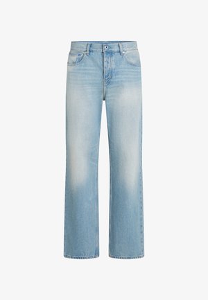 Lysblå denim jeans med lige ben, slidte detaljer, fem lomme design, knaplukning og bæltestropper i taljen.