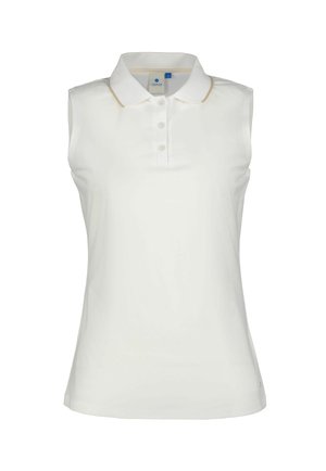 Camiseta tipo polo sin mangas blanca con tres botones y ribete beige a lo largo del cuello, confeccionada en tela suave.