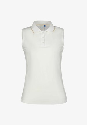 Camiseta tipo polo sin mangas blanca con tres botones y ribete beige a lo largo del cuello, confeccionada en tela suave.